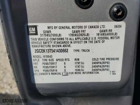2004 Chevrolet Silverado 1500 Crew Cab LT with VIN 2GCEK13T541430662, listed as a Copart auction lot 84685674 with 199,078 mi miles and Salvage Title. Bid and sale history available at carsss.com. Image 12.