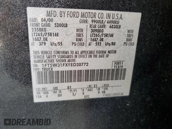 2000 Ford F-350 XL with VIN 1FTSW31FXYED30772, listed as a Copart auction lot 50606445 with 402,923 mi miles and Salvage title. Bid and sale history available at DreamBid. Image 13.