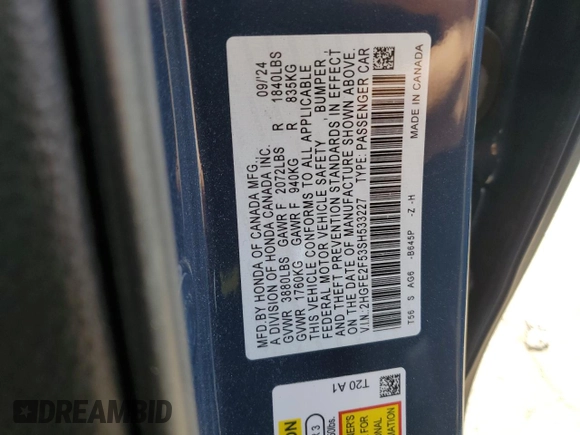 2025 Honda Civic Sport with VIN 2HGFE2F53SH533227, listed as a Copart auction lot 49708775 with 7,617 mi miles and Salvage title. Bid and sale history available at DreamBid. Image 12.