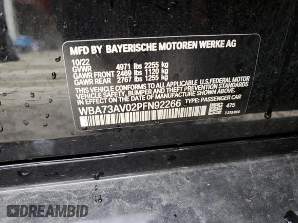 2023 BMW 4 Series 430i xDrive with VIN WBA73AV02PFN92266, listed as a Copart auction lot 57721715 with Not provided miles and Salvage title. Bid and sale history available at DreamBid. Image 12.