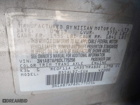 2013 Nissan Sentra SR with VIN 3N1AB7AP8DL775256, listed as a IAAI auction lot 41766105 with 144,583 mi miles. Bid and sale history available at carsss.com. Image 9.