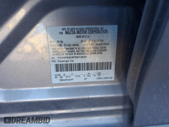 2007 Mazda 6 i Sport VE with VIN 1YVHP84C875M13910, listed as a Copart auction lot 81623284 with 131,365 mi miles and Salvage Title. Bid and sale history available at DreamBid. Image 14.