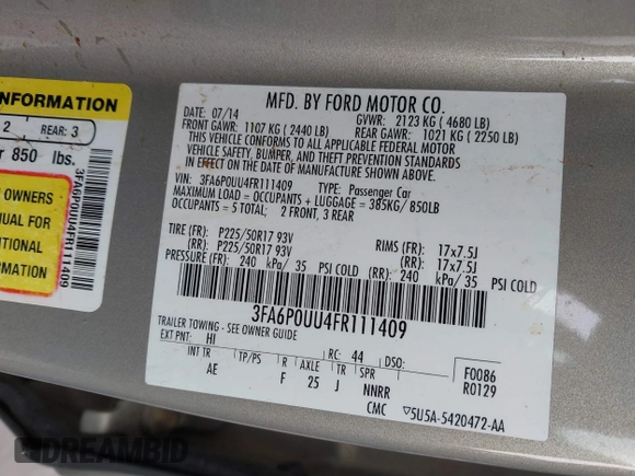 2015 Ford Fusion S Hybrid with VIN 3FA6P0UU4FR111409, listed as a IAAI auction lot 41447316 with 150,068 mi miles. Bid and sale history available at carsss.com. Image 9.
