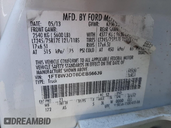 2013 Ford F-350 XL z VIN 1FT8W3DT6DEB56639, wystawiony jako Copart lot #42168225 z przebiegiem 177 313 mil mil oraz Szkoda całkowita • Salvage title. Historia ofert i sprzedaży dostępna na DreamBid. Obrazek 12.