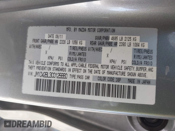2012 Mazda 5 Sport with VIN JM1CW2BL3C0125660, listed as a IAAI auction lot 41595395 with 163,953 mi miles. Bid and sale history available at carsss.com. Image 9.