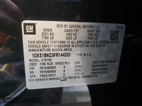 2015 GMC Yukon SLT with VIN 1GKS1BKC9FR144289, listed as a Copart auction lot 42179675 with 122,807 mi miles and Salvage Title. Bid and sale history available at carsss.com. Image 13.