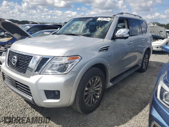 2019 Nissan Armada Platinum with VIN JN8AY2NF7K9350833, listed as a Copart auction lot 74307744 with Not Provided miles and Non Repairable. Bid and sale history available at carsss.com. Image 1.