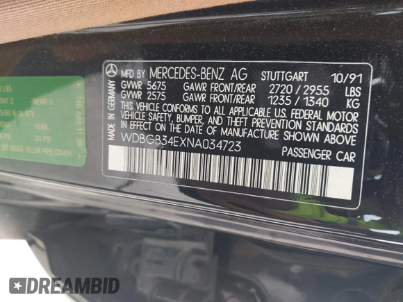 1992 Mercedes-Benz 300 with VIN WDBGB34EXNA034723, listed as a IAAI auction lot 41748087 with Not Provided miles and . Bid and sale history available at DreamBid. Image 9.