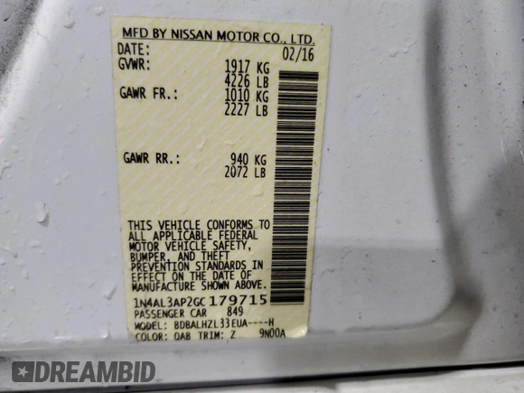 2016 Nissan Altima SV with VIN 1N4AL3AP2GC179715, listed as a Copart auction lot 48627685 with 127,969 mi miles and Salvage Title. Bid and sale history available at DreamBid. Image 13.