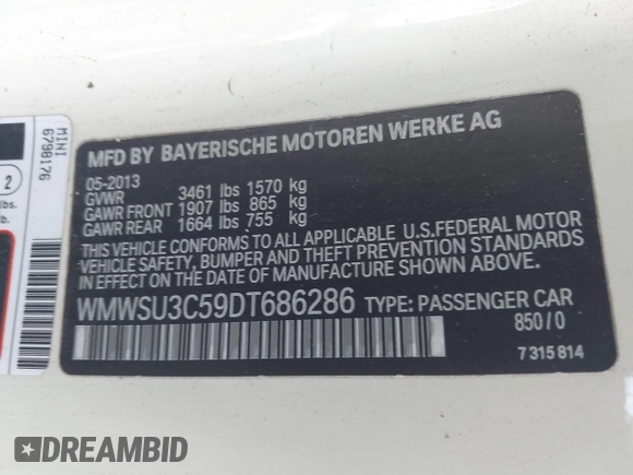 2013 MINI Hardtop with VIN WMWSU3C59DT686286, listed as a IAAI auction lot 41445969 with 85,214 mi miles and . Bid and sale history available at DreamBid. Image 9.