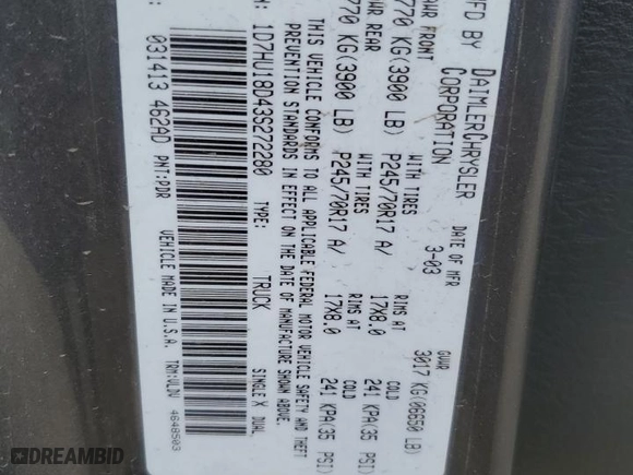 2003 Dodge Ram 1500 ST with VIN 1D7HU18D43S272280, listed as a Copart auction lot 48110485 with 191,372 mi miles and Salvage Title. Bid and sale history available at carsss.com. Image 12.