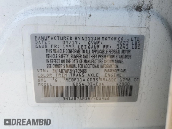 2017 Nissan Sentra SR with VIN 3N1AB7AP3HY405468, listed as a Copart auction lot 48722125 with 172,885 mi miles and Clean Title. Bid and sale history available at carsss.com. Image 12.