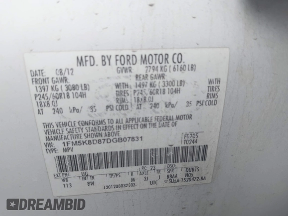 2013 Ford Explorer XLT with VIN 1FM5K8D87DGB07831, listed as a IAAI auction lot 42010689 with 202,306 mi miles and . Bid and sale history available at carsss.com. Image 9.