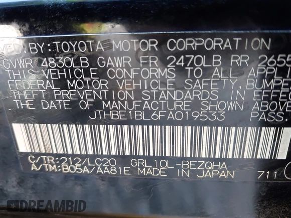 2015 Lexus GS 350 with VIN JTHBE1BL6FA019533, listed as a IAAI auction lot 42049005 with 47,552 mi miles and . Bid and sale history available at DreamBid. Image 9.