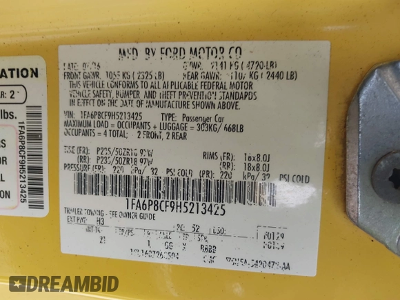 2017 Ford Mustang GT with VIN 1FA6P8CF9H5213425, listed as a IAAI auction lot 41713133 with 66,457 mi miles and . Bid and sale history available at DreamBid. Image 9.