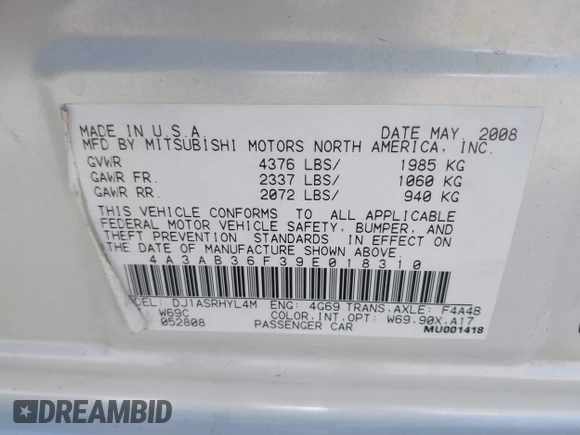 2009 Mitsubishi Galant ES z VIN 4A3AB36F39E018310, wystawiony jako IAAI lot #41709468 z przebiegiem 190 710 mil mil oraz . Historia ofert i sprzedaży dostępna na DreamBid. Obrazek 9.