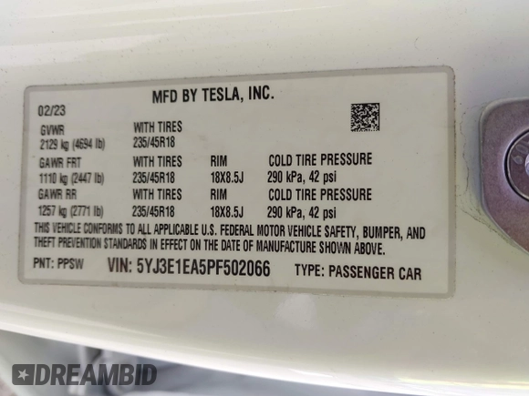 2023 Tesla Model 3 with VIN 5YJ3E1EA5PF502066, listed as a IAAI auction lot 41934960 with 17,926 mi miles and . Bid and sale history available at carsss.com. Image 9.