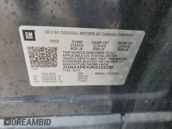 2019 Chevrolet Equinox Premier z VIN 2GNAXPEX2K6151230, wystawiony jako Copart lot #82354794 z przebiegiem 107 854 mil mil oraz Szkoda całkowita • Salvage title. Historia ofert i sprzedaży dostępna na DreamBid. Obrazek 14.