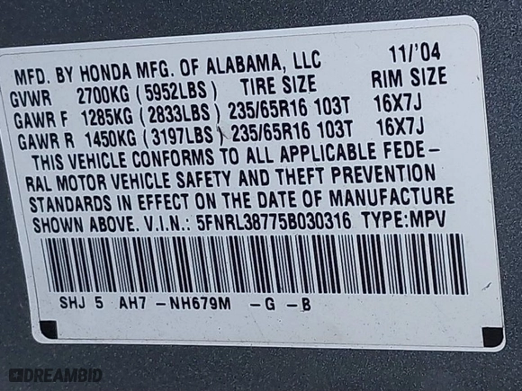 2005 Honda Odyssey EX-L with VIN 5FNRL38775B030316, listed as a IAAI auction lot 41670853 with 183,359 mi miles. Bid and sale history available at carsss.com. Image 9.