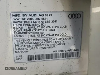 2023 Audi Q7 Premium Plus with VIN WA1LXBF77PD018405, listed as a Copart auction lot 55975455 with 15,702 mi miles and Salvage title. Bid and sale history available at DreamBid. Image 13.