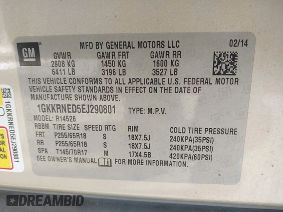 2014 GMC Acadia SLE with VIN 1GKKRNED5EJ290801, listed as a IAAI auction lot 41697380 with Not Provided miles and . Bid and sale history available at carsss.com. Image 9.