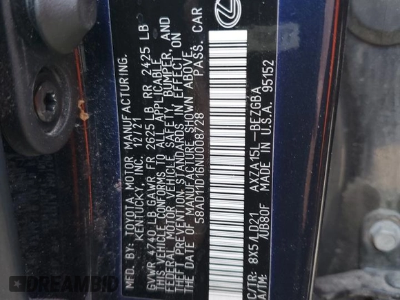 2022 Lexus ES 250 with VIN 58AD11D16NU008728, listed as a Copart auction lot 62880365 with 92,857 mi miles and Salvage title. Bid and sale history available at DreamBid. Image 12.