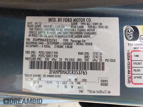 2012 Ford Fusion SE with VIN 3FAHP0HA2CR353765, listed as a IAAI auction lot 42205767 with 128,805 mi miles and . Bid and sale history available at DreamBid. Image 9.