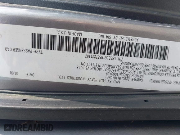 2008 Subaru Legacy Special with VIN 4S3BL616687221157, listed as a IAAI auction lot 42628435 with 124,790 mi miles and . Bid and sale history available at DreamBid. Image 9.