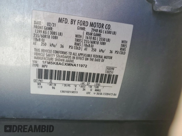 2021 Ford Explorer z VIN 1FM5K8ACXMNA11972, wystawiony jako Copart lot #43507325 z przebiegiem 58 594 mil mil oraz Nie do naprawy • Non repairable. Historia ofert i sprzedaży dostępna na DreamBid. Obrazek 14.