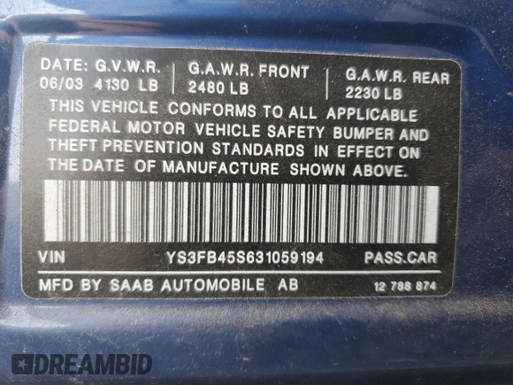 2003 Saab 9-3 Linear z VIN YS3FB45S631059194, wystawiony jako Copart lot #85081184 z przebiegiem 166 623 mil mil oraz Szkoda całkowita • Salvage title. Historia ofert i sprzedaży dostępna na DreamBid. Obrazek 13.