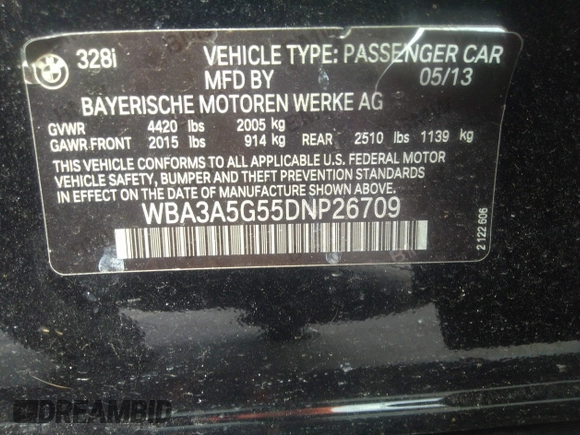 2013 BMW 3 Series 328i with VIN WBA3A5G55DNP26709, listed as a IAAI auction lot 37057796 with 103,168 mi miles and . Bid and sale history available at DreamBid. Image 9.