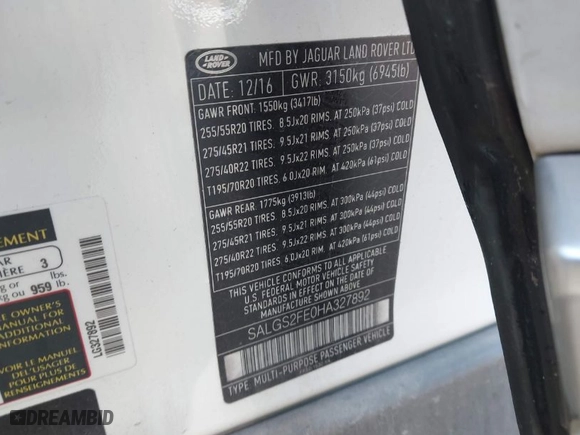 2017 Land Rover Range Rover with VIN SALGS2FE0HA327892, listed as a IAAI auction lot 41955409 with 201,529 mi miles. Bid and sale history available at carsss.com. Image 9.