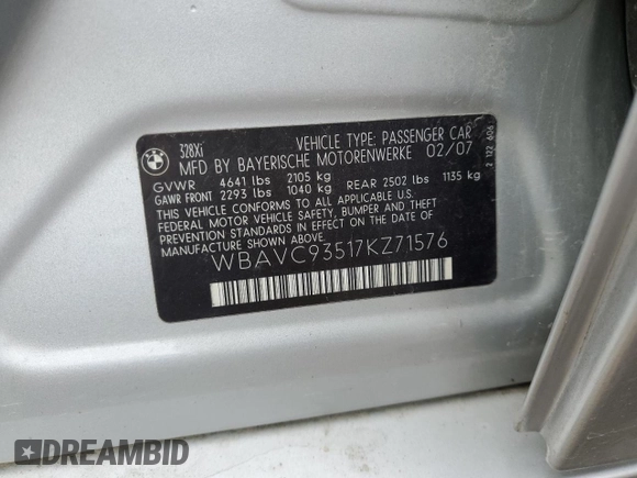 2007 BMW 3 Series 328xi with VIN WBAVC93517KZ71576, listed as a Copart auction lot 53523475 with 185,028 mi miles and Salvage title. Bid and sale history available at DreamBid. Image 12.