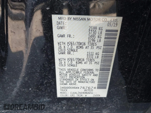 2019 Nissan Frontier SV with VIN 1N6DD0ER6KN767674, listed as a IAAI auction lot 41742210 with 73,238 mi miles and . Bid and sale history available at DreamBid. Image 9.