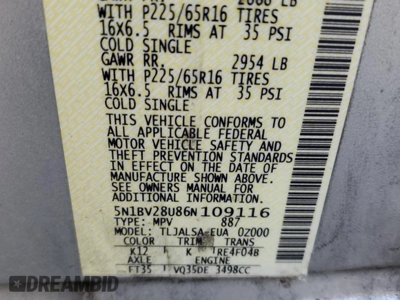 2006 Nissan Quest S Special Edition with VIN 5N1BV28U86N109116, listed as a Copart auction lot 87020784 with 0 mi miles and Salvage Title. Bid and sale history available at carsss.com. Image 13.