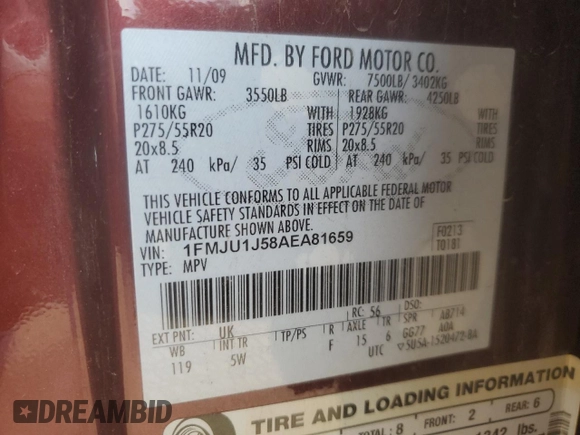 2010 Ford Expedition Eddie Bauer z VIN 1FMJU1J58AEA81659, wystawiony jako Copart lot #60632225 z przebiegiem 183 686 mil mil oraz Szkoda całkowita • Salvage title. Historia ofert i sprzedaży dostępna na DreamBid. Obrazek 14.