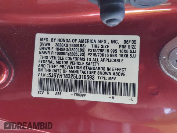2005 Honda Element LX with VIN 5J6YH18325L010593, listed as a IAAI auction lot 41931020 with 208,741 mi miles and . Bid and sale history available at DreamBid. Image 9.