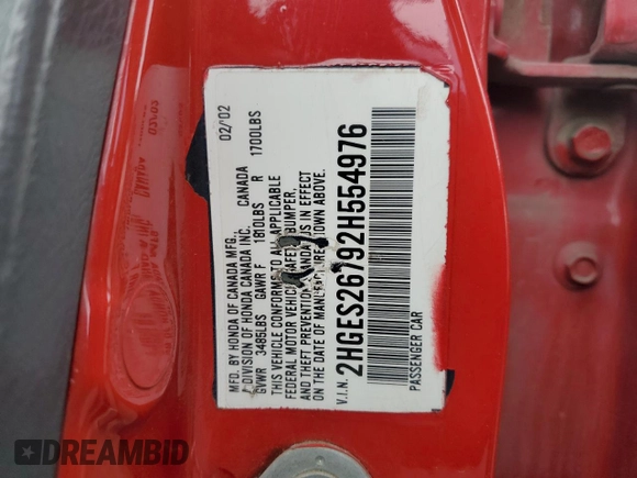 2002 Honda Civic EX with VIN 2HGES26792H554976, listed as a Copart auction lot 53095385 with 253,228 mi miles and Salvage Title. Bid and sale history available at DreamBid. Image 12.