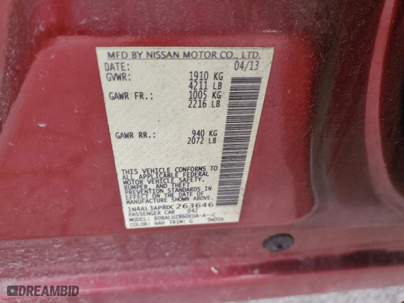2013 Nissan Altima 2.5 SV with VIN 1N4AL3AP8DC263646, listed as a Copart auction lot 49500825 with 0 mi miles and Non Repairable. Bid and sale history available at carsss.com. Image 14.