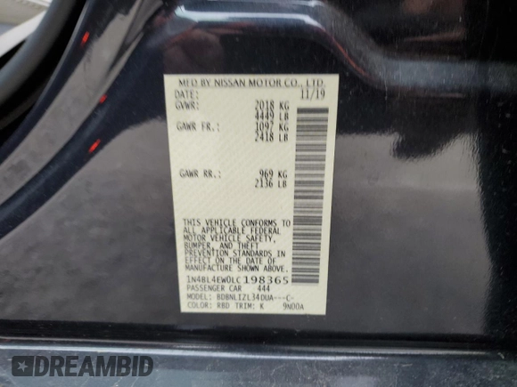 2020 Nissan Altima 2.5 SL with VIN 1N4BL4EW0LC198365, listed as a Copart auction lot 82294514 with 51,563 mi miles and Salvage Title. Bid and sale history available at carsss.com. Image 14.