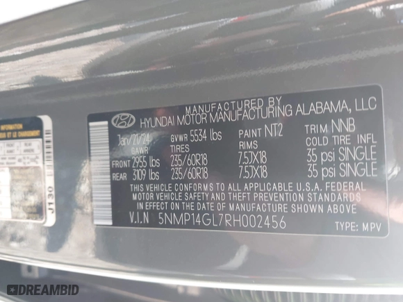 2024 Hyundai Santa Fe SE with VIN 5NMP14GL7RH002456, listed as a IAAI auction lot 41994045 with 8,478 mi miles. Bid and sale history available at carsss.com. Image 9.