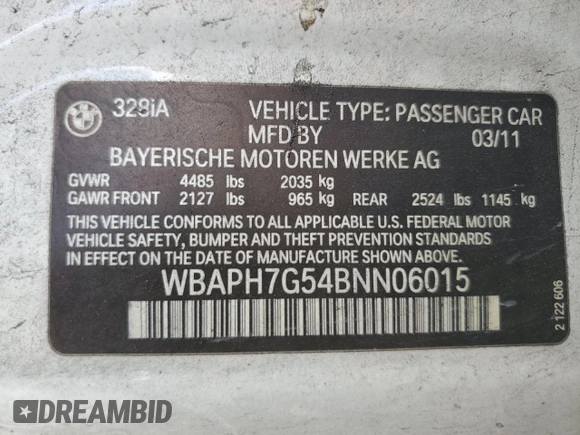 2011 BMW 3 Series 328i with VIN WBAPH7G54BNN06015, listed as a Copart auction lot 45019305 with 0 mi miles and Salvage Title. Bid and sale history available at carsss.com. Image 12.