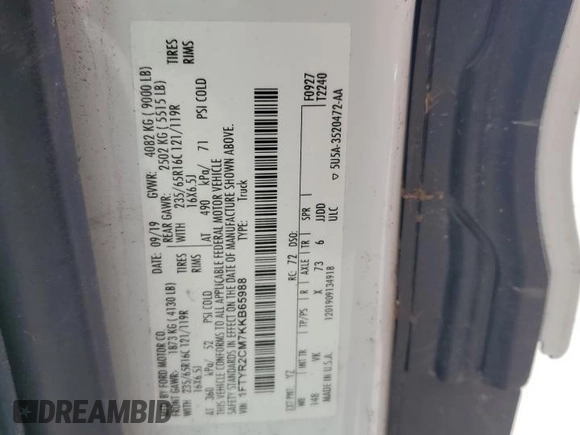 2019 Ford Transit with VIN 1FTYR2CM7KKB65988, listed as a Copart auction lot 56770645 with Not Provided miles and Salvage Title. Bid and sale history available at DreamBid. Image 13.