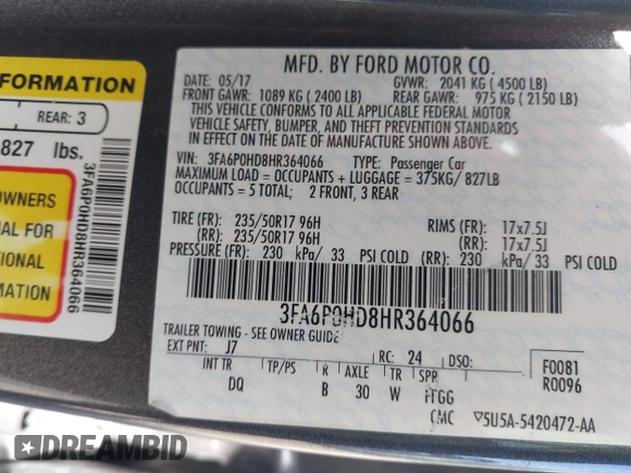 2017 Ford Fusion SE с VIN 3FA6P0HD8HR364066, выставлен на аукционе IAAI как лот 42824947 с пробегом 71 137 миль миль и . История ставок и продаж доступна на DreamBid. Изображение 9.