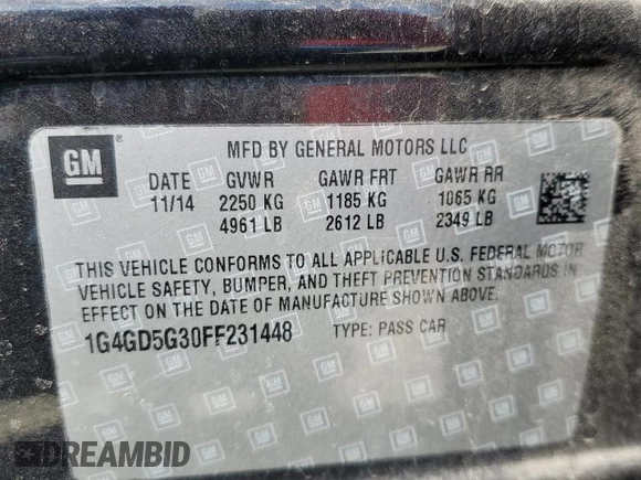 2015 Buick LaCrosse Premium I with VIN 1G4GD5G30FF231448, listed as a Copart auction lot 49831065 with 186,580 mi miles and Salvage Title. Bid and sale history available at carsss.com. Image 12.