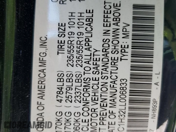 2020 Acura RDX with VIN 5J8TC1H32LL006833, listed as a Copart auction lot 75702944 with 67,310 mi miles and Salvage title. Bid and sale history available at DreamBid. Image 14.