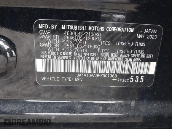 2024 Mitsubishi Eclipse Cross ES with VIN JA4ATUAA9RZ001368, listed as a IAAI auction lot 41727951 with 40,166 mi miles and . Bid and sale history available at DreamBid. Image 9.
