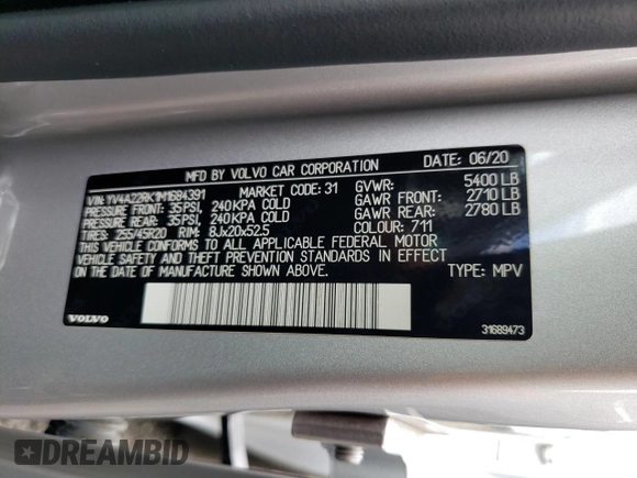 2021 Volvo XC60 Momentum with VIN YV4A22RK1M1684391, listed as a Copart auction lot 61028104 with 29,280 mi miles and Non Repairable. Bid and sale history available at carsss.com. Image 15.