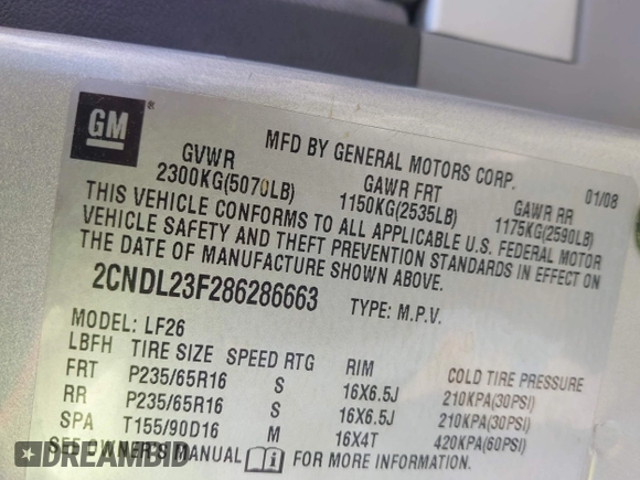 2008 Chevrolet Equinox LS with VIN 2CNDL23F286286663, listed as a IAAI auction lot 41913258 with 67,772 mi miles. Bid and sale history available at carsss.com. Image 9.
