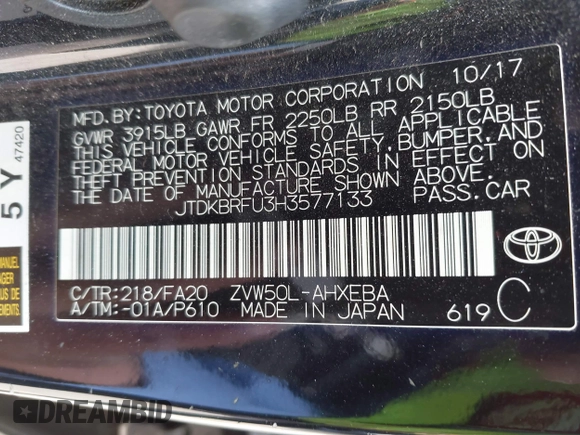 2017 Toyota Prius Two with VIN JTDKBRFU3H3577133, listed as a IAAI auction lot 42024699 with 66,518 mi miles. Bid and sale history available at carsss.com. Image 9.